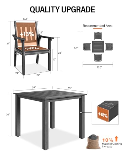 Image of YEFU HIPS Patio Table Set: 5 Piece Outdoor Square Table and Chairs with Metal Aluminum Frame - Gray Modern Plastic Patio Dining Furniture Set 4 Person for Outside Deck