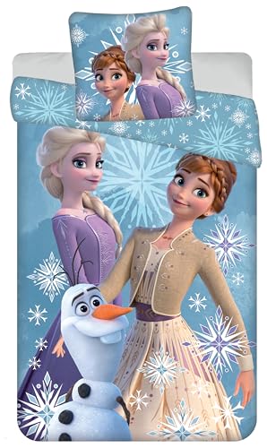 Jerry Fabrics Parure de Lit Reine des Neiges White Snowflake, 100% Coton, Housse de Couette Frozen Réversible 140x200 cm + Taie d'oreiller 65x65 cm