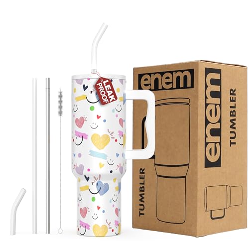 Image of enem Tumbler, Happy Chaos, Insulated Premium Vacuum Leak Proof Tumblers, Stainless Steel Travel Mug with Handle, Lid & Straw, 1.2L Tumbler for Coffee, Iced Tea, or Water