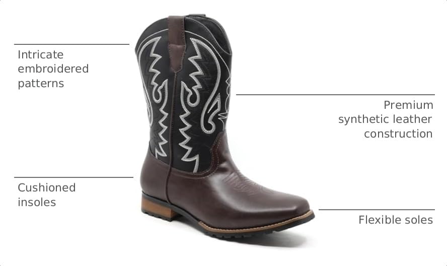 Image of Metrocharm Men's Cowboy Western Embroidered Square Toe Boots WESTERN-03