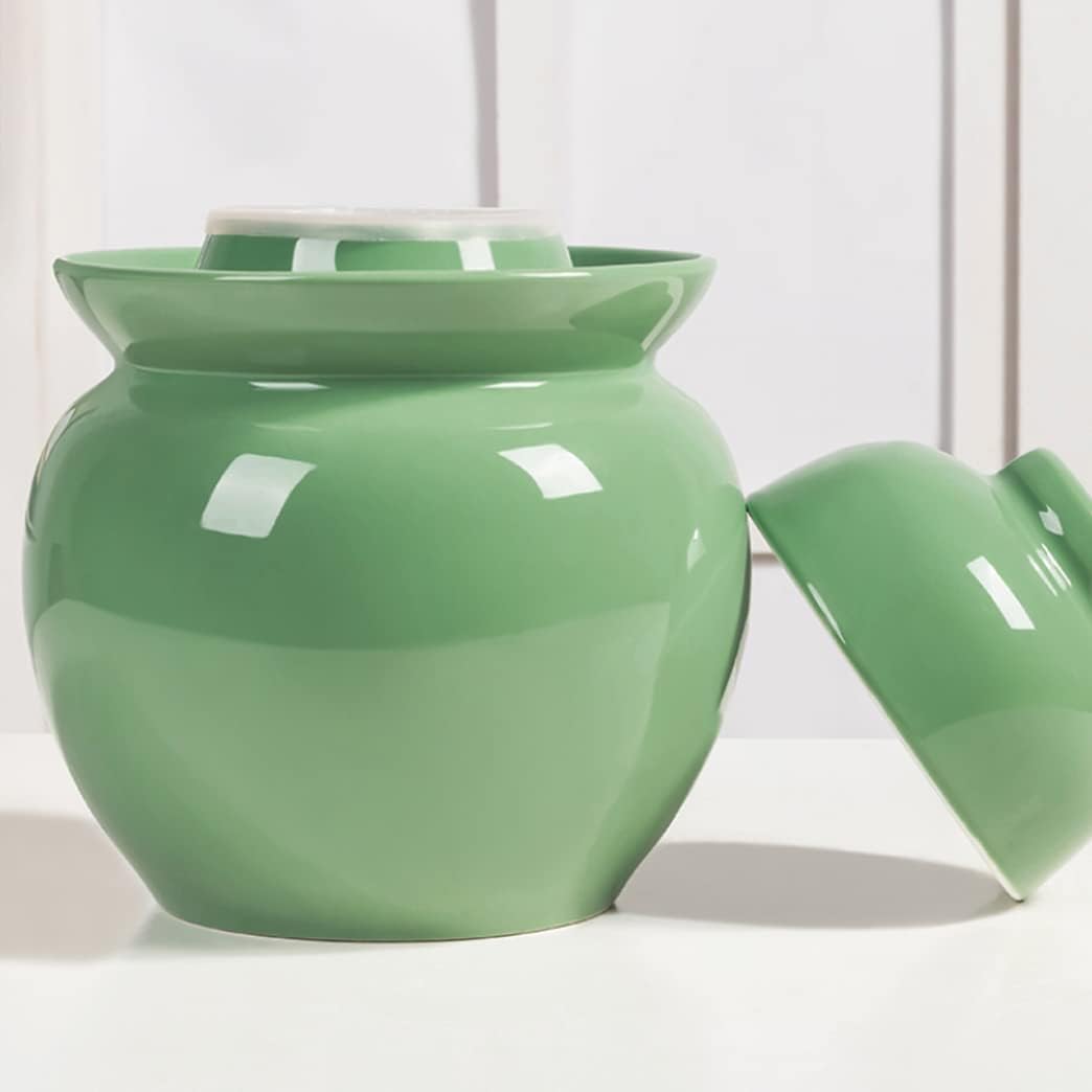 ZHOUXIAO Traditional Ceramic Pickle Jar Fermentation Crock Jar, Chinese Pickle Jar,Fermenting Tank with Water Seal Airlock Lid Stoneware Fermenter for Sauerkraut,Kimchi Green-1.75KG