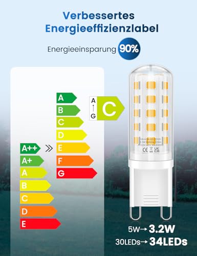 QOJUX G9 LED Warmweiß 3.2W, 520LM Energieeffizienzklasse C LED Leuchtmittel Ersatz für 40W-50W Halogenlampe, 2700K G9 Glühbirne Kein Flackern, Nicht Dimmbar, Enegiesparende Kleine Birne 5er Pack