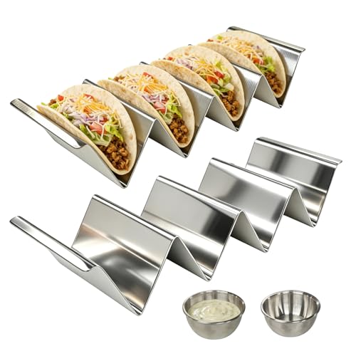 Syhdfxknp 2 Pieces Acier Inoxydable Supports à Tacos et 2 Pieces 55Ml Gobelets a Sauce Porte Hot Dog Support Tacos avec Poignées pour Wraps Hot Dogs Tortillas Sandwiches et Crepes