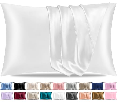 Pamposh Lot de 2 taies d'oreiller en Satin de Soie pour Cheveux et Peau, Taille Standard avec Fermeture à Rabat (50 x 75 cm), Blanc