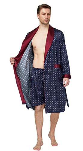 Image of TONY AND CANDICE Men's Satin Robe Lightweight Long Sleeve Silk Kimono Bathrobe with Shorts Set Sleepwear