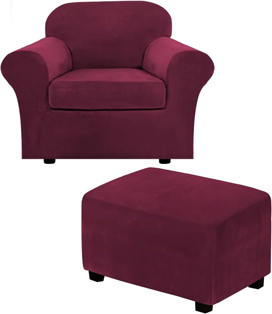 H.VERSAILTEX 2 Piece Chair Cover Chair Slipcover Bundles X-Large Size Velvet Plush Ottoman Slipcovers(X-Large, Burgundy)
