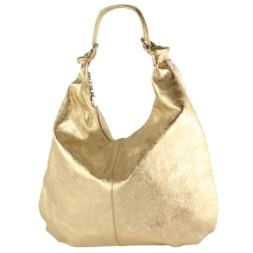 modamoda de 337 Damen Leder Schultertasche Shopper Large handmade in Italy, Farbe:Lightgold Metallic
