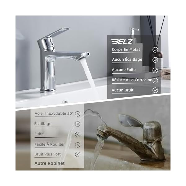 BELZ Mitigeur Lavabo Salle de Bain– Robinet Monocommande, Économie d’Eau et d’Énergie, avec Bec Hauteur 96 mm, Installation Facile, G 3/8 Robinetterie,Chromé