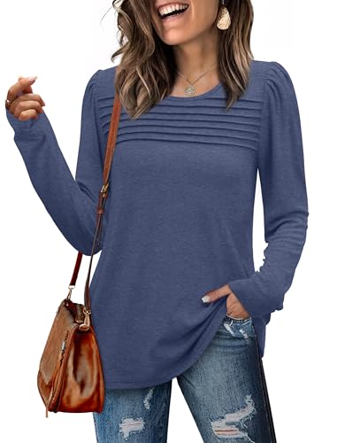 WIHOLL Long Sleeve Tops Sweatshirts for Women uk Ladies Blouses Pleated Jumpers Crew Neck Puff Sleeve Tunic Top Size 10-12 Navy blue