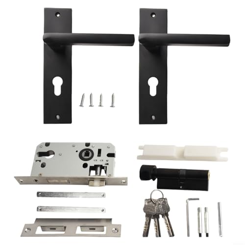 Poignées de Porte Intérieure de Chambre avec Serrure Verrou et Clés - Kit de Serrure à Mortaise - Poignée de Porte Contemporaine Noire avec Serrure à Mortaise
