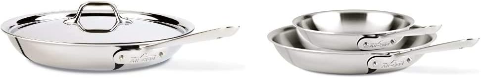 All-Clad D3 3-Ply Stainless Steel Fry Pan with Lid 12 Inch Induction Oven Broil Safe 600F Pots and Pans, Cookware & D3 Stainless Steel Frying Pan 8 and 10 Inch Cookware Set, 2, Silver