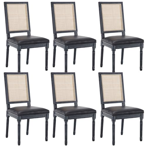 Farmhouse Leather Dining Chairs Set of 2 French Dining Room Chairs with Round Rattan Back Bistro Chairs for Dining Room/Living Room/Restaurant/Kitchen, Brown