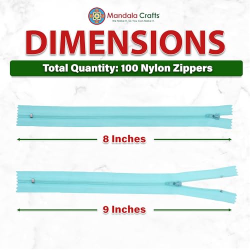 Image of Mandala Crafts 100 PCs Turquoise Closed-End 8 Inch Nylon Zippers for Sewing