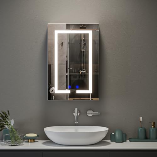 BELIWIN Bathroom Wall-Mounted Mirror Cabinet with Led Lights and Shaver Socket, Upgraded Illuminated LED Bathroom Cabinets with Mirror,Demister Pad, Dimmable, 3 Colour Light, 400mm×600mm