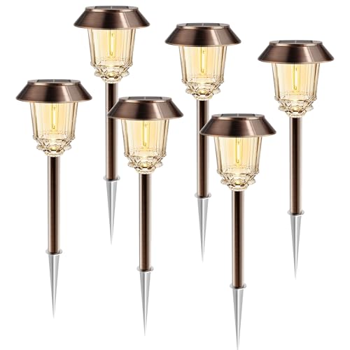 HMDecor Solar Lights Outdoor Waterproof,6 Pack Bronze Pathway Lights with 10-40 LM Dimmable Glass and Metal, Solar Powered Garden Fall Decor for Yard,Patio,Pathway,Driveway(Warm White)