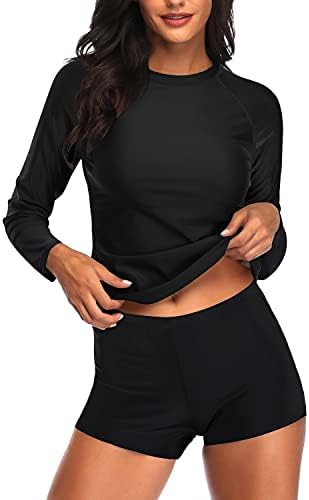 Daci Women Black1 Two Piece Rash Guard Long Sleeve Swimsuits UV UPF 50+ Swim Shirt Bathing Suit with Boyshort Bottom XXL