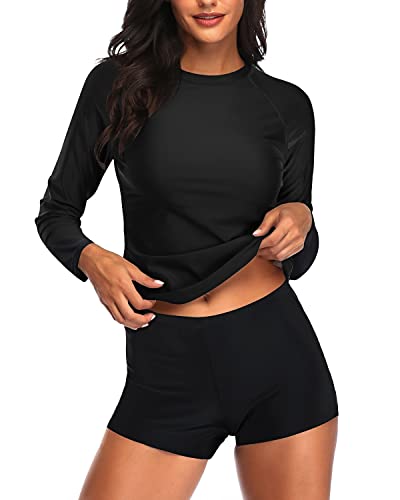 Daci Women Black1 Two Piece Rash Guard Long Sleeve Swimsuits Uv Upf 50+ Swim Shirt Bathing Suit With Boyshort Bottom Xxl #TOP13