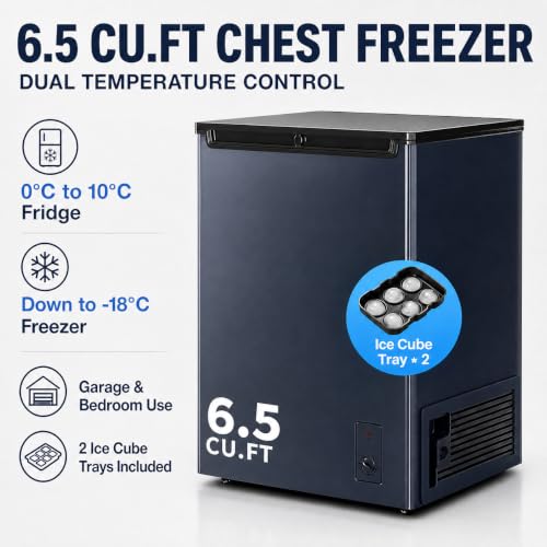 Image of Chest Freezer - Compact Deep Freezer with 7 Temperature Settings, Low Noise Operation, And Removable Basket, Ideal for Dorms, Apartments, And Home Kitchens (Black, 6.5Cu.ft)