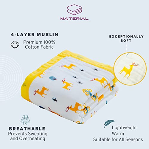 Lopalu Large Twin Size 60"X 86" (150Cmx220Cm) 4-Layer Muslin Blanket For Toddlers/Kids - Super Soft 100% Cotton Premium Material - Breathable Lightweight For All Seasons - Yellow Color Cute Deer #TOP5
