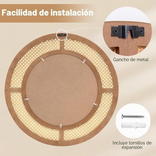 FANTASK Espejo de Pared Redondo de ratán, diámetro 65 cm, Espejo Decorativo con Marco de Madera, Cristal de Aluminio y Ganchos, Espejo Decorativo para Pared