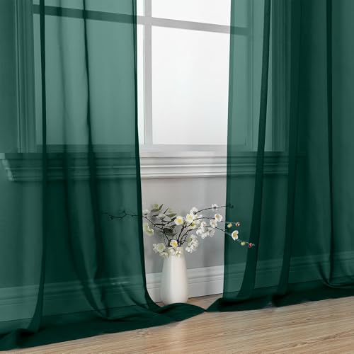 Image of OVZME Hunter Green Sheer Curtains 84 Inches Long 2 Panels - Soft Light Filtering Christmas Sheer Panels for Living Room /Bedroom, Top Dual Rod Pocket, 1 Pair, Each 42Wx84L
