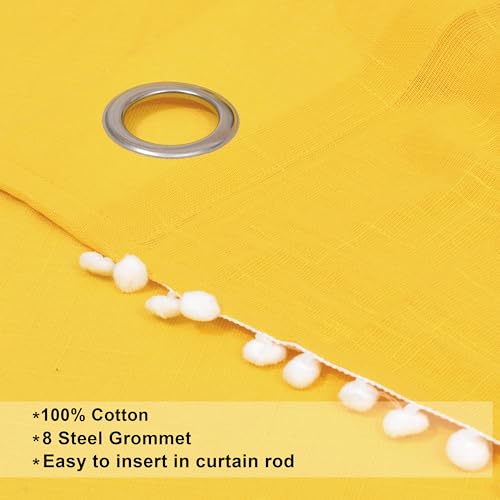 Image of THE LINEN COMPANY Cotton Sheer Grommet Curtains with Side Border Pompom Sheer Curtain for Window Linen Textured, Light Filtering, Pack of 2 (Lemon, 6 Feet)