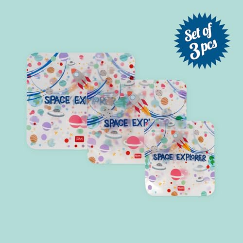 Legami Set mit 3 Lebensmittelbeuteln, 3 verschiedene Größen S, M, L, wiederverschließbar, wiederverwendbar, spülmaschinenfest, praktische Snack-Taschen, Space