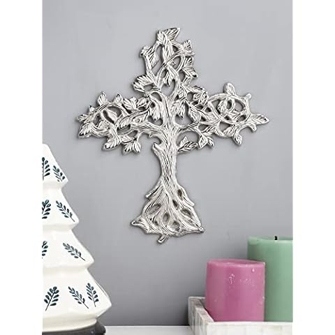 Purestory 10.5 x 10 Inch Tree Decorative Wall Cross Metal Decorations For Home.Religious Metal Hanging Cross Wall Decor.Metal Cross Wall Decor Art for Home - Silver Nickel Finish Cover