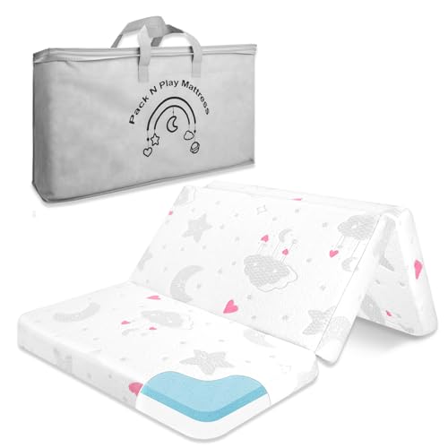 Image of voomf Trifold Pack and Play Mattress Pad, 38"x26" Memory Foam Dual Sided Pack N Play Mattresses for Baby Toddler, Portable Foldable Travel Mini Crib Mattress for Pack N Play with Carry Bag