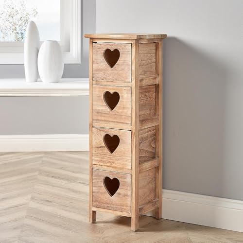Home Source Storage Chest of Drawers, Natural Wooden Bedroom Organiser Bedside, Love Heart Design, 4 Drawer