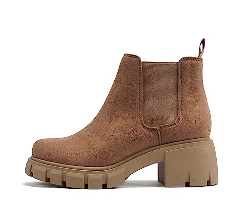 Soda PIONEER ~ Women Lug Sole Mid Heel Chelsea Fashion Ankle Bootie w/Double Elastic Gore (Deep Camel, us_footwear_size_system, adult, women, numeric, medium, numeric_11)