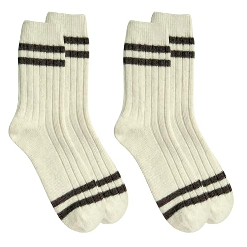 TOD OIMS 92% Merino Wool Socks Crew Heavyweight Travel Hiking Cozy Super- Soft Breathable Socks, Ivory and Brown Strips, Medium 7-10 US, 100% Made in Mongolia, 2 pairs
