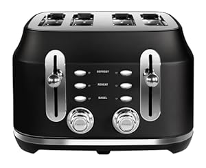 Rangemaster RMCL4S201BK Classic Black 2.1kW 4 Slice Toaster with Defrost, Cancel & Reheat Functions, Removable Crumb Tray & 6 Power Levels with 3 Year Guarantee