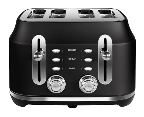 Rangemaster RMCL4S201BK Classic Black 2.1kW 4 Slice Toaster with Defrost, Cancel & Reheat Functions, Removable Crumb Tray & 6 Power Levels with 3 Year Guarantee