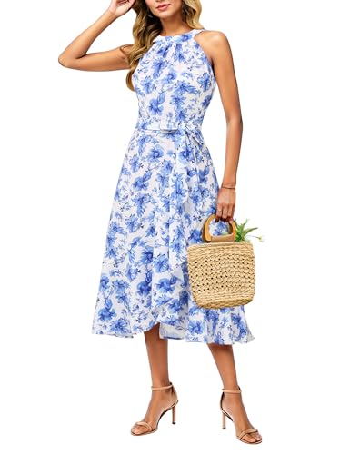 Image of Dressystar Women's Floral Halter Dress 2025 Ruffles Long Summer Beach Wedding Guest Dresses Vacation Sundress
