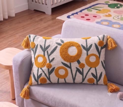 Image of Furnistitchs Boho Rectangle Cushion Cover 12x20 inches | Handmade Decorative Throw Pillow Case | Bohemian Home Decor Sofa Bed Cushion Cover Living Room Bedroom (1, Yellow Oval, 12x20 inches)