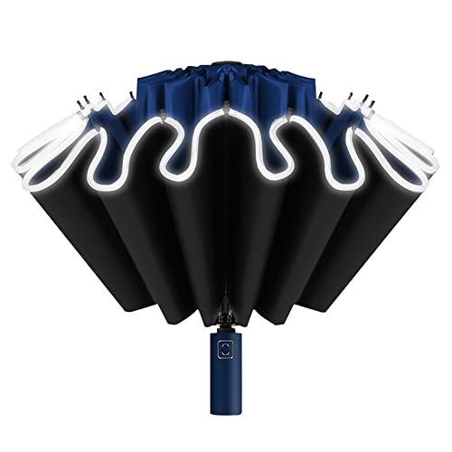 BYNYXI Reverse Parasol automatyczny, wzmocniony 16 żebrami, odwrócony parasol kieszonkowy z paskami odblaskowymi, składany parasol, odporny na burzę, ochrona przed promieniowaniem UV, parasol podróżny, automatycznie rozkładany i zamykany, 112 cm, granatowy, 112cmx59cm