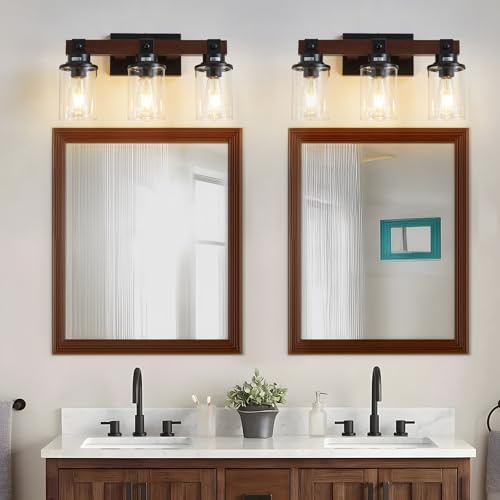 Image of Farmhouse Wood Vanity Light for Bathroom, 3-Light Bathroom Light Fixtures Over Mirror, Rustic Wall Sconces Lighting with Metal Lampshade for Bathroom, Bedroom, Hallway