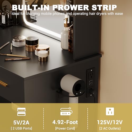Image of BORNOON Vanity Desk with Mirror and Lights, Small Makeup Vanity Desk with Charging Station, Bedroom Vanity Table with Drawers, Storage Shelves, RGB Ambient Light and Hair Dryer Holder