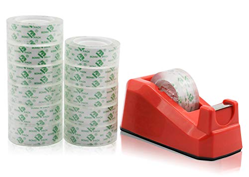 Cinta Adhesiva Transparente, Uso Diario, pack de 12 rollos de 25m x 18mm con one dispensador,BOMEI PACK Cover