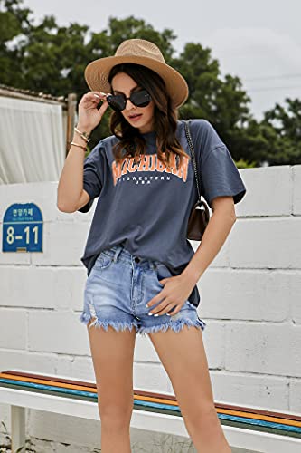 Women’s Casual Letter Graphic Print Short Sleeve Tunic Tops Round Neck Loose Tee Oversized Drop Shoulder Longline T Shirts #TOP3