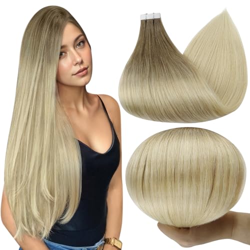 Full Shine Invisible Tape in Hair Extensions Human Hair 16 Inch Tape in Extensions Straight Hair Ombre Color 3 Dark Brown and 8 Fading to 613 Bleach Blonde 50 Gram Double Sided Tape Hair 20 Pcs