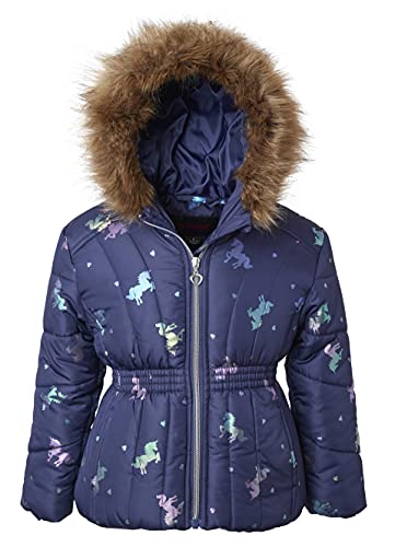 Sportoli Girl Winter Dot Heart Foil Print Puffer Jacket Coat Faux Fur Trim Hood - Navy Multi Unicorn (Size 5-6)3