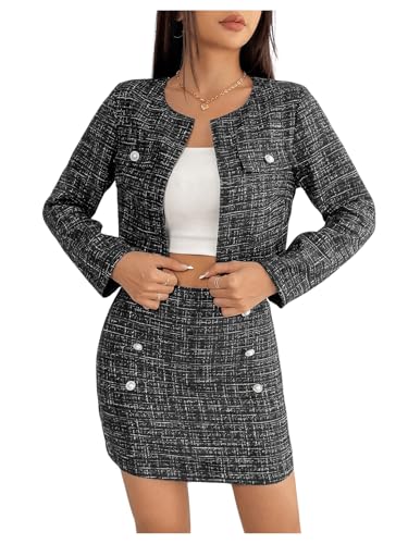 Floerns Women's 2 Piece Outfit Plaid Print Open Front Jacket and Bodycon Skirt Set