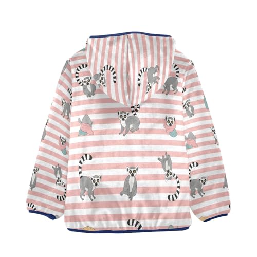 Lemur Pattern on Pink Stripes Toddler Fleece Jacket Girl Boys Hooded Fleece Jacket Coat Warm Outwear Zip-up 3-10T2