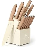 Lugia Messerset mit Block 13-teilig – Küchenmesser Set aus Edelstahl – Kochmesser, Brotmesser, Fleischmesser & 6 Steakmesser – inkl. Schere – Messerblock Holz Beige