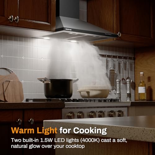 Image of 24 Inch Wall Mount Range Hood Ducted /Ductless Convertible Kitchen Exhaust Hood with 450 CFM Motor, 3 Speed Fan, LED Lighting and Dishwasher Safe Filters, Matte Black Painted Finish