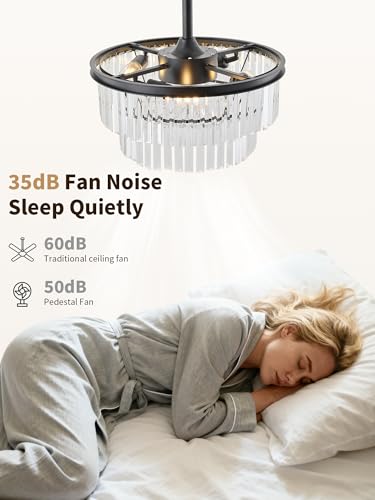Image of 20 inch Black Crystal Fandelier Ceiling Fans with Lights,Farmhouse Rustic Caged Crystal Chandelier Ceiling Fan with Light Remote Control with 6 Speeds for Bedroom, Nursery, Living Room