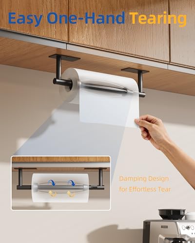 Image of RUACQ Paper Towel Holder Under Cabinet, One Hand Tearing Paper Towel Holder with Damping Effect, Wall Mount & Adhesive Stainless Steel Paper Roll Holder for Kitchen Bathroom (Matte Black)
