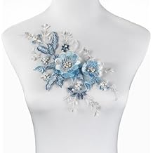 Silvora 2 PCS Flower Fabric Beaded Pearl Lace Applique, 3D Embroidered Patch for Dresses,Handmade Sewing Tool for DIY Neckline Bodice PantsBlue